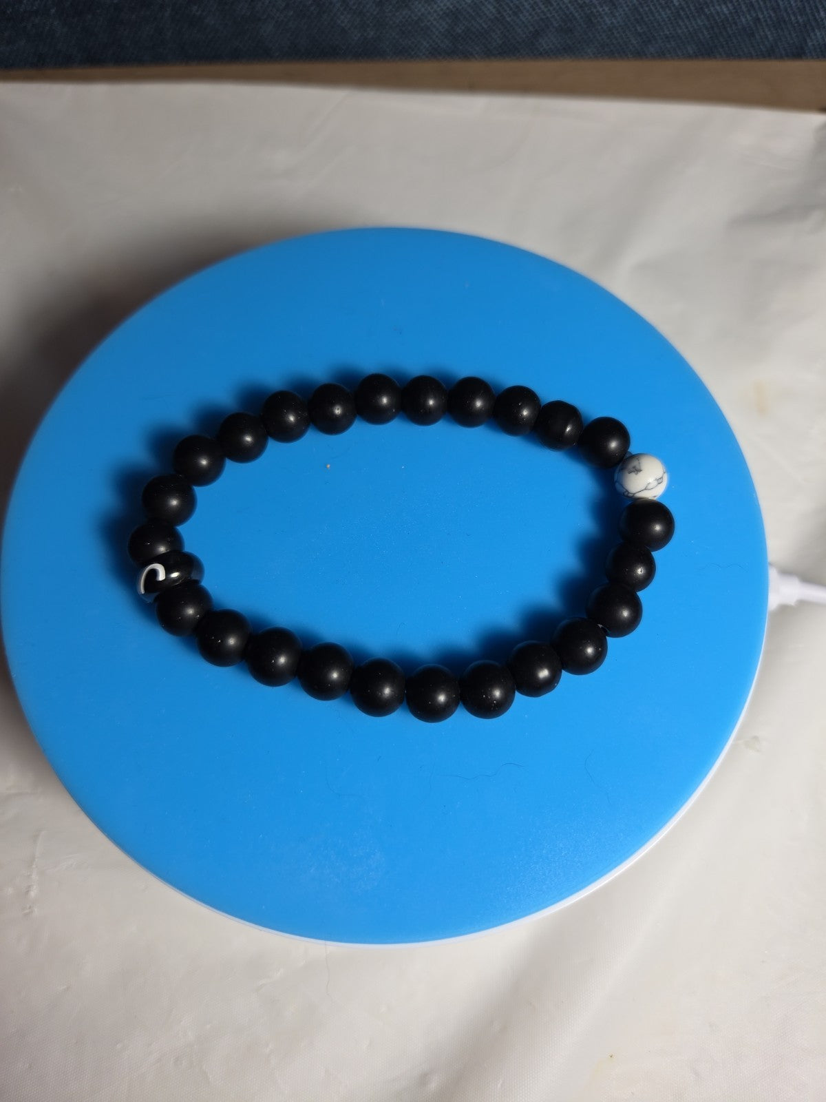 Natural Stone Bead Stretch Bracelet Matte Black White Howlite