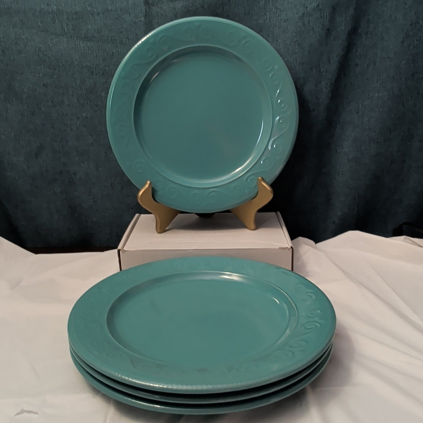 Set of 4 Royal Norfolk Dinner Plates Turquoise Teal Blue Scrolls Rim 10.5"