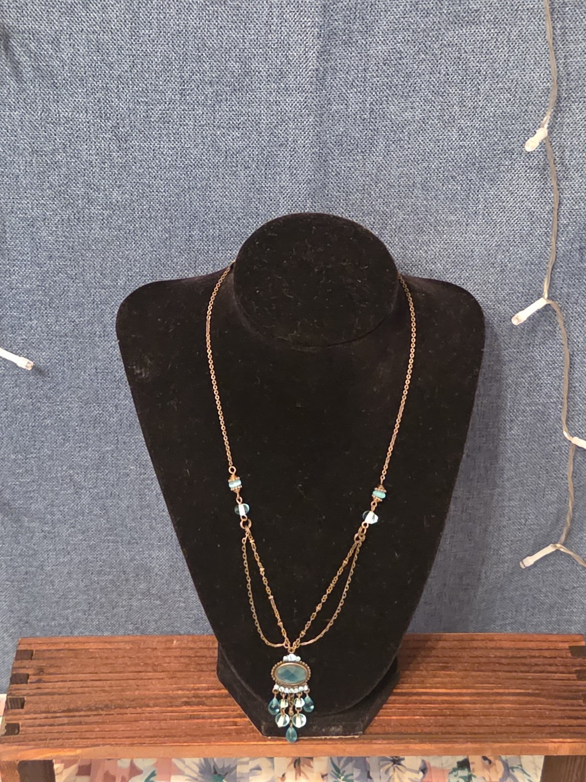 Lia Sophia Blue Bead Double Loop Necklace Antique Gold Tone Boho