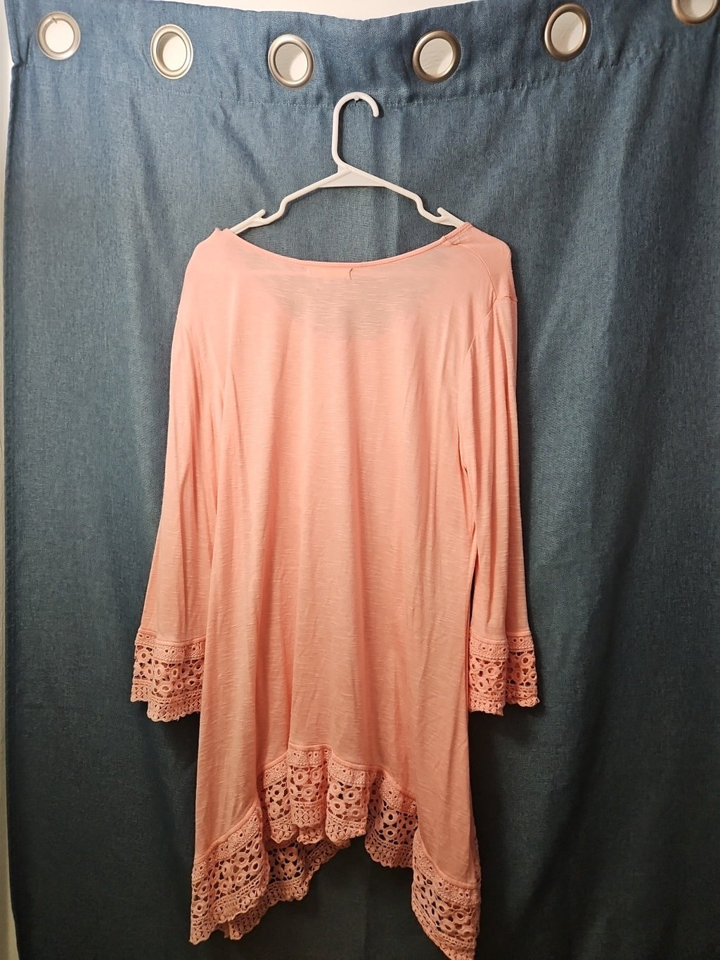 Indigo Soul Boho Tunic Top Large Pink Rayon Crochet Lace Sharkbite Hem Lagenlook