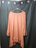 Indigo Soul Boho Tunic Top Large Pink Rayon Crochet Lace Sharkbite Hem Lagenlook
