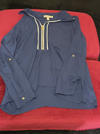 Michael Kors Blouse XL Navy Blue Zip Front Roll Tab Sleeve Shirt Gently Used