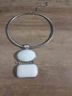 White Stone Pendant Silver Tone Omega Collar Choker Statement Necklace