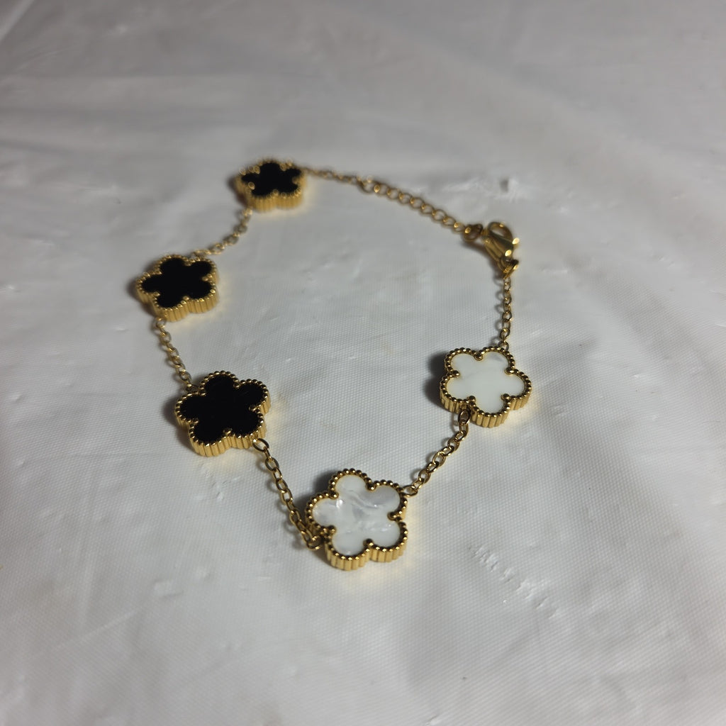 3PC Jewelry Set Black White Gold Tone Necklace Bracelet Earrings