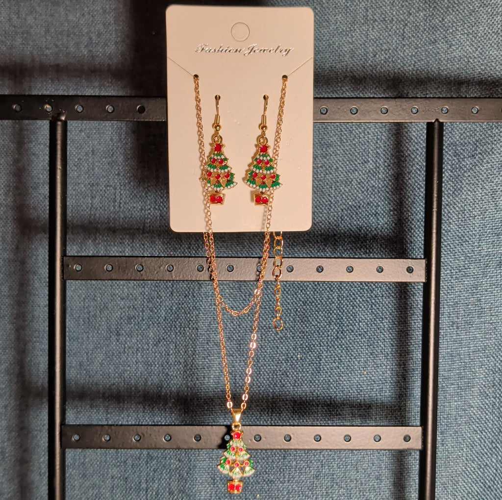 Christmas Tree Necklace Earring Set Gold Tone Enamel Holiday