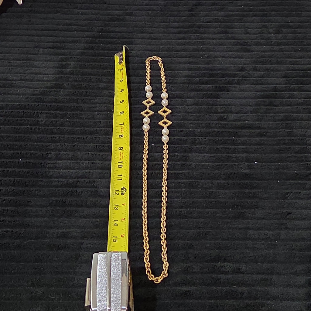 Vintage Gold Tone Geometric Necklace Long Pearl Station Diamond Link Chain 32"