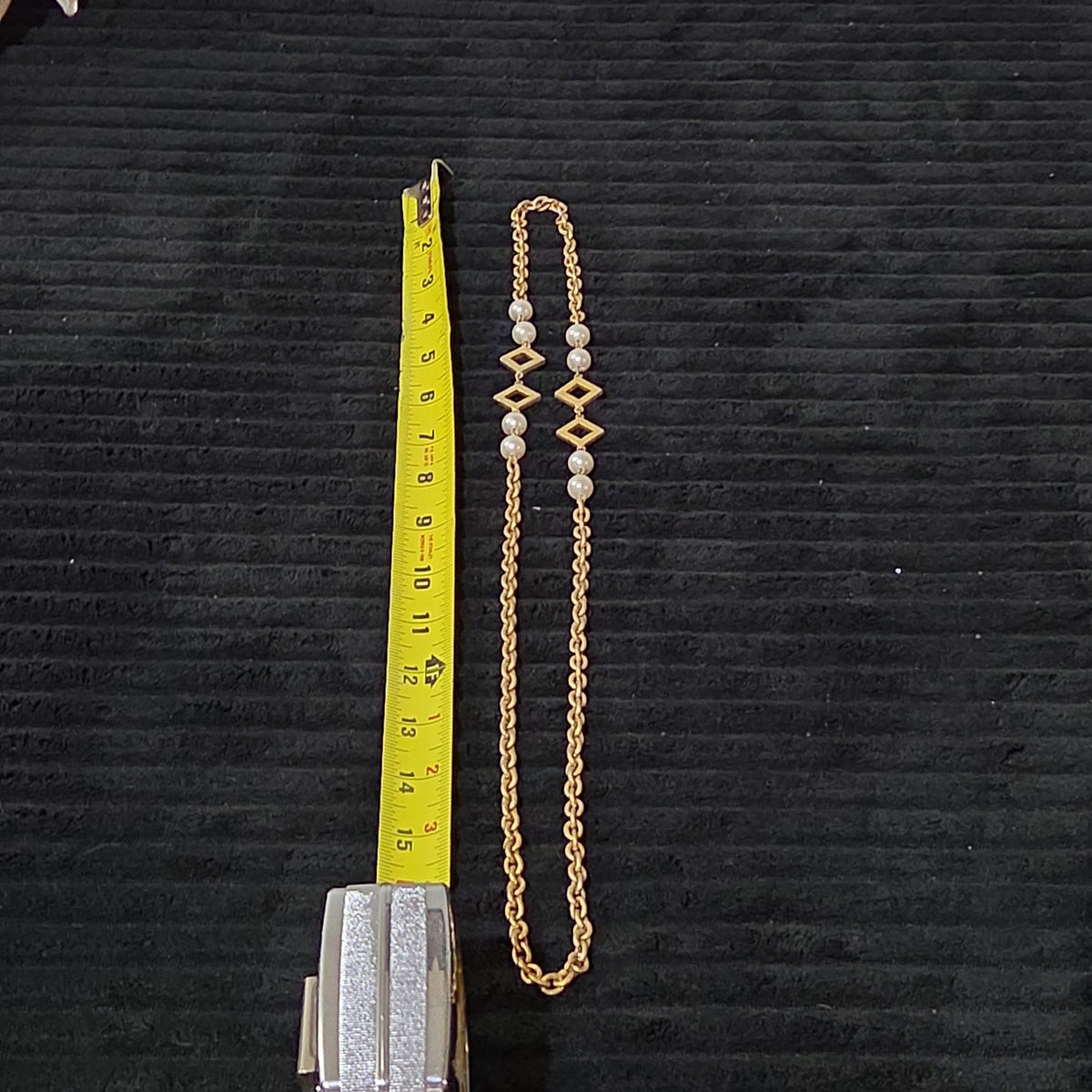 Vintage Gold Tone Geometric Necklace Long Pearl Station Diamond Link Chain 32"