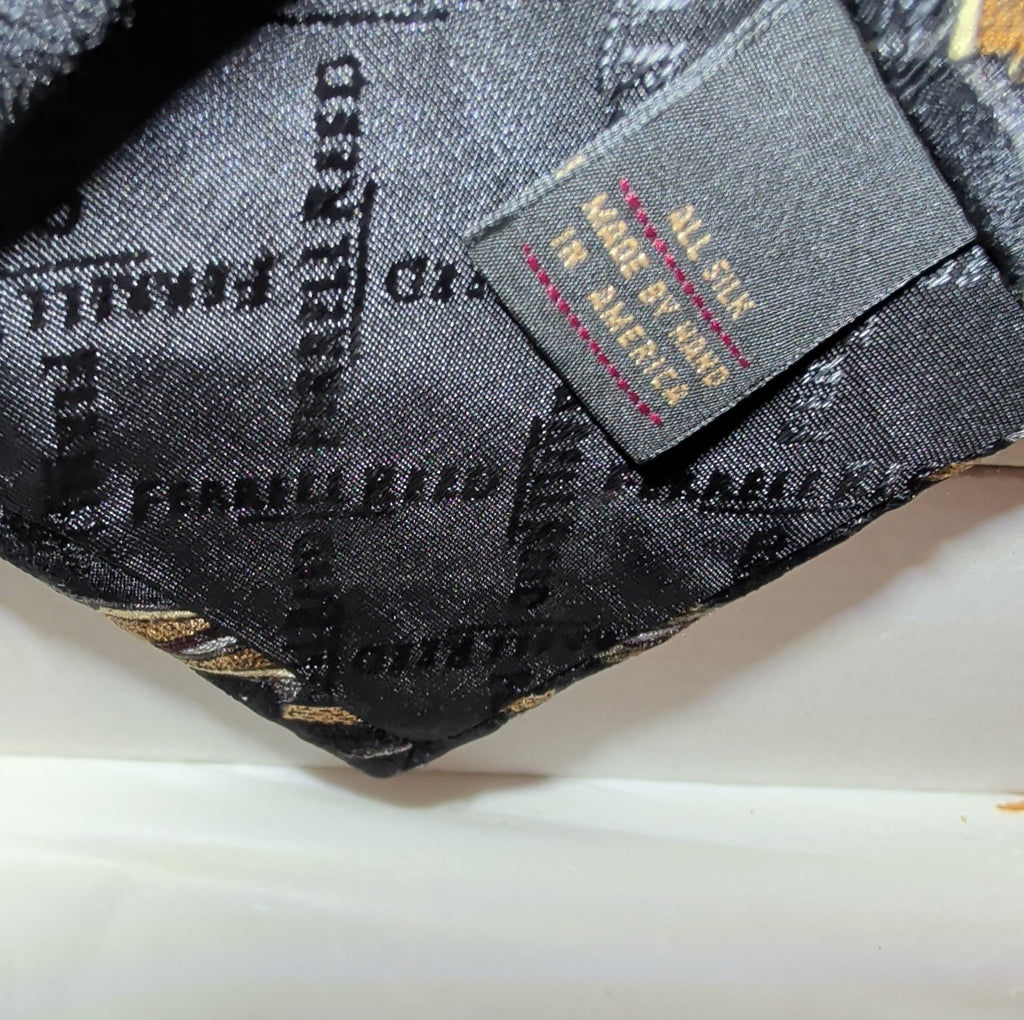 Vtg Ferrell Reed for Edwards Silk Neck Tie Black Gold Geometric Art Deco 59.5