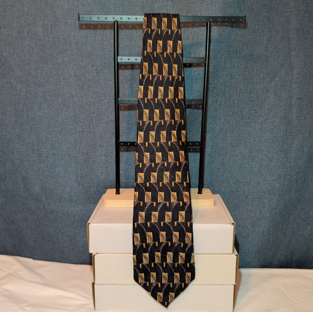 Vtg Ferrell Reed for Edwards Silk Neck Tie Black Gold Geometric Art Deco 59.5