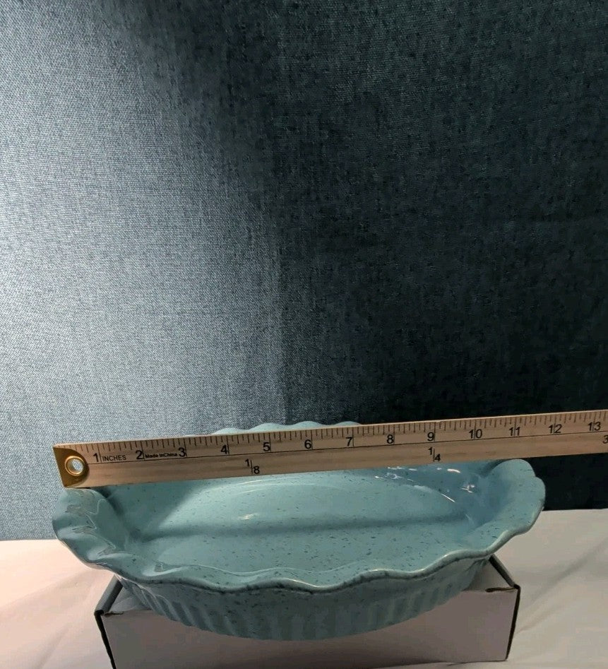Paula Deen Pie Plate Robin's Egg Blue Speckled Stoneware 11.25" Ruffled Edge