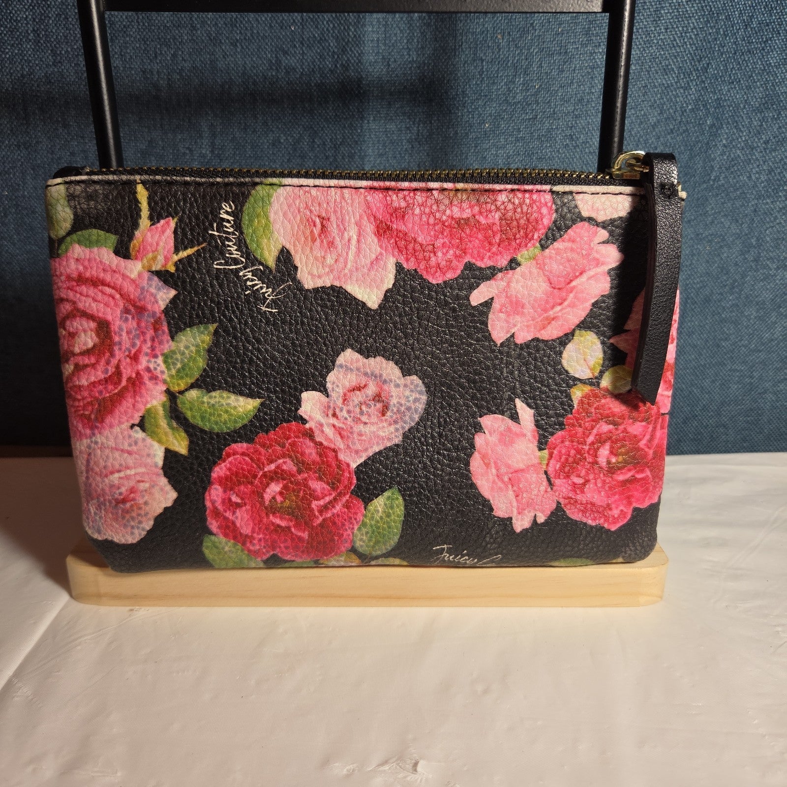Juicy Couture Rose Floral Zipper Pouch Card Holder Black Pink Y2K