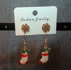 Christmas Stocking Snowflake Earring 2-Pair Set Enamel Gold-Tone Holiday NEW