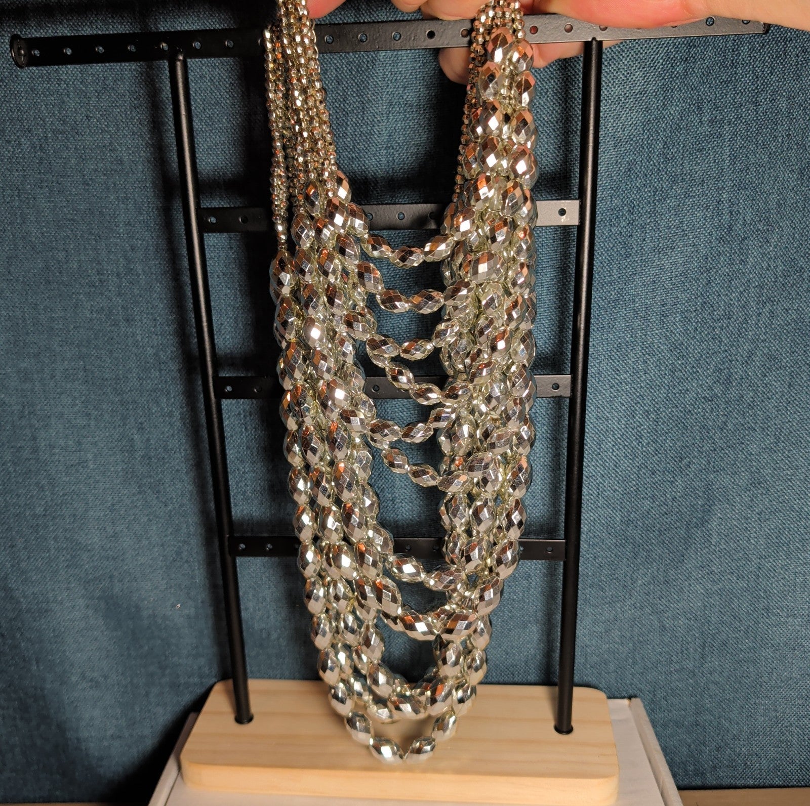 Multi Strand Silver Tone Beaded Statement Necklace Glam
