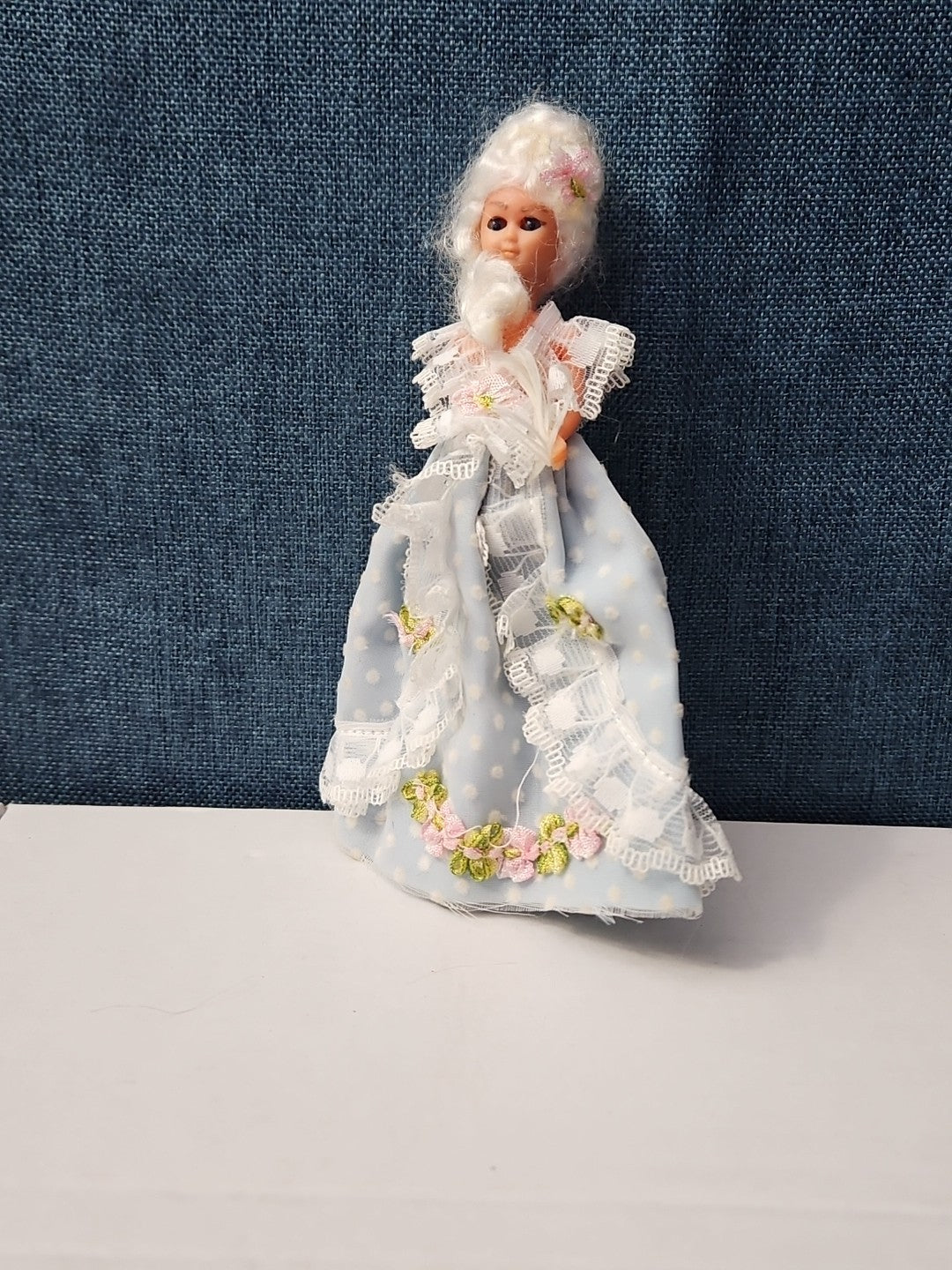 Vintage 5.5" Costume Doll | Blue Polka Dot Rococo Dress | Hard Plastic Souvenir