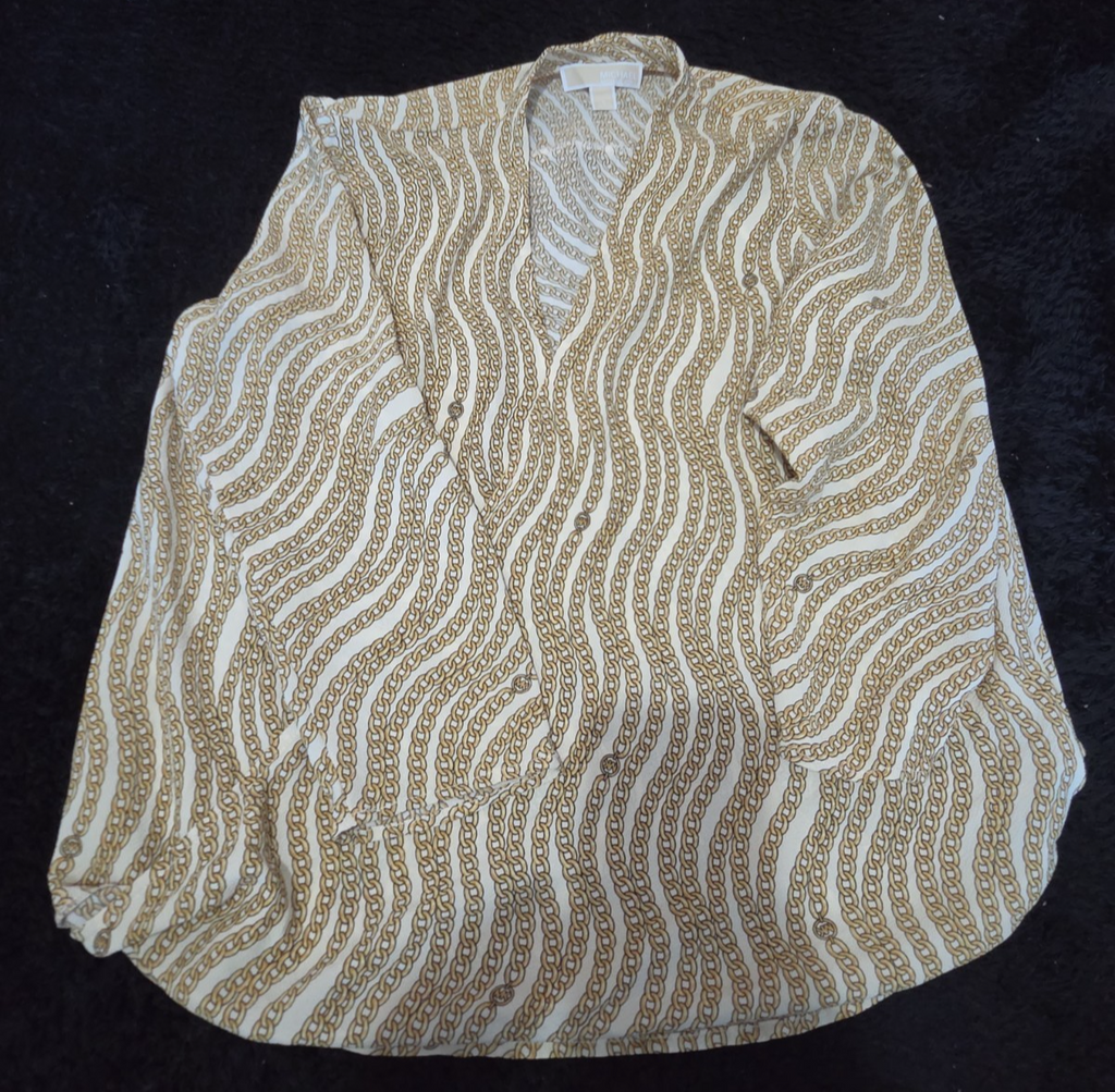 Michael Kors Blouse Gold Chain Link Print Wrap V-Neck Stretch Top L Gently Used