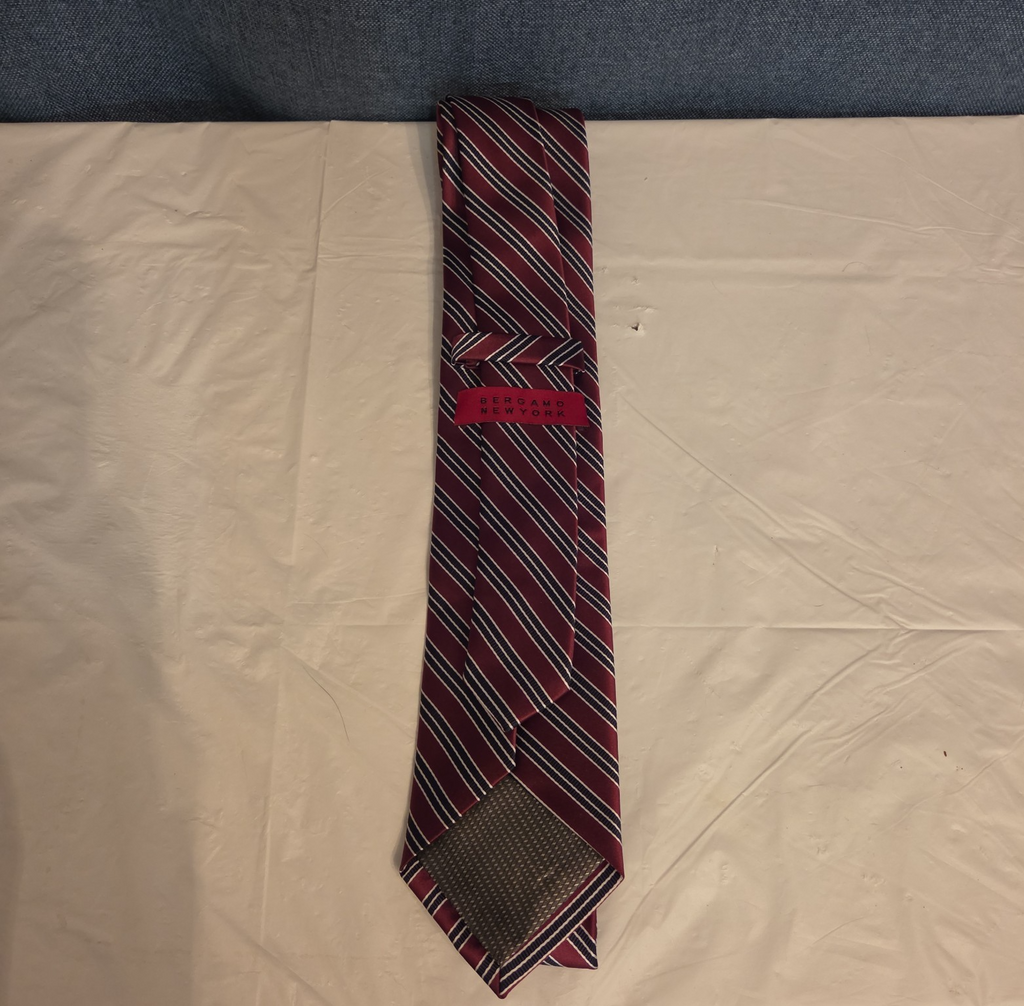 Bergamo New York Tie Burgundy Red Silver Striped Mens Silk Necktie Regimental