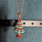 Christmas Tree Necklace Earring Set Gold Tone Enamel Holiday