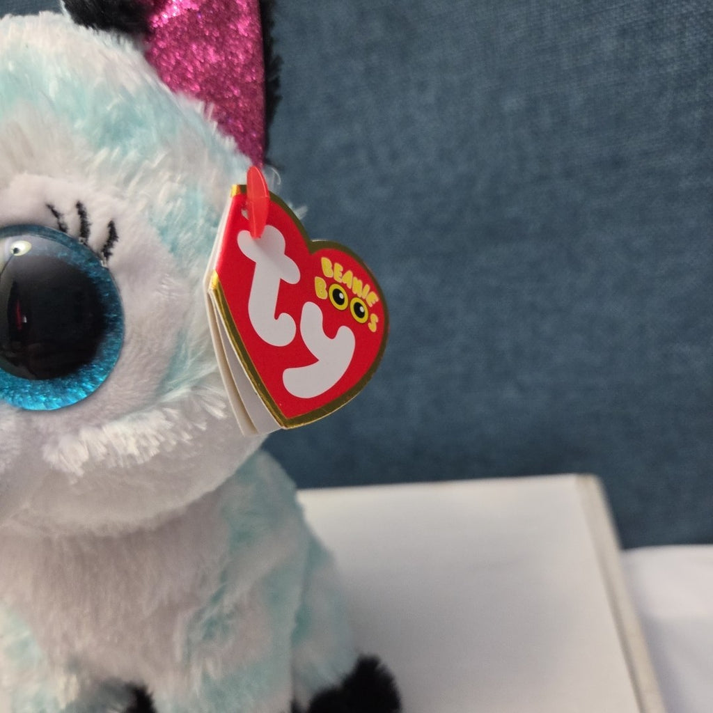 Ty Beanie Boos Atlas Aqua Chevron Fox 6" Plush Blue Glitter Eyes Retired MWMT