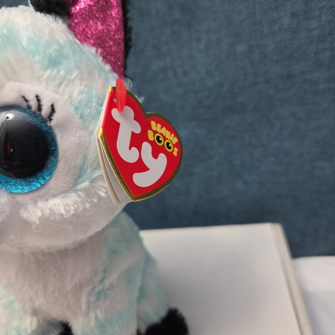 Ty Beanie Boos Atlas Aqua Chevron Fox 6" Plush Blue Glitter Eyes Retired MWMT