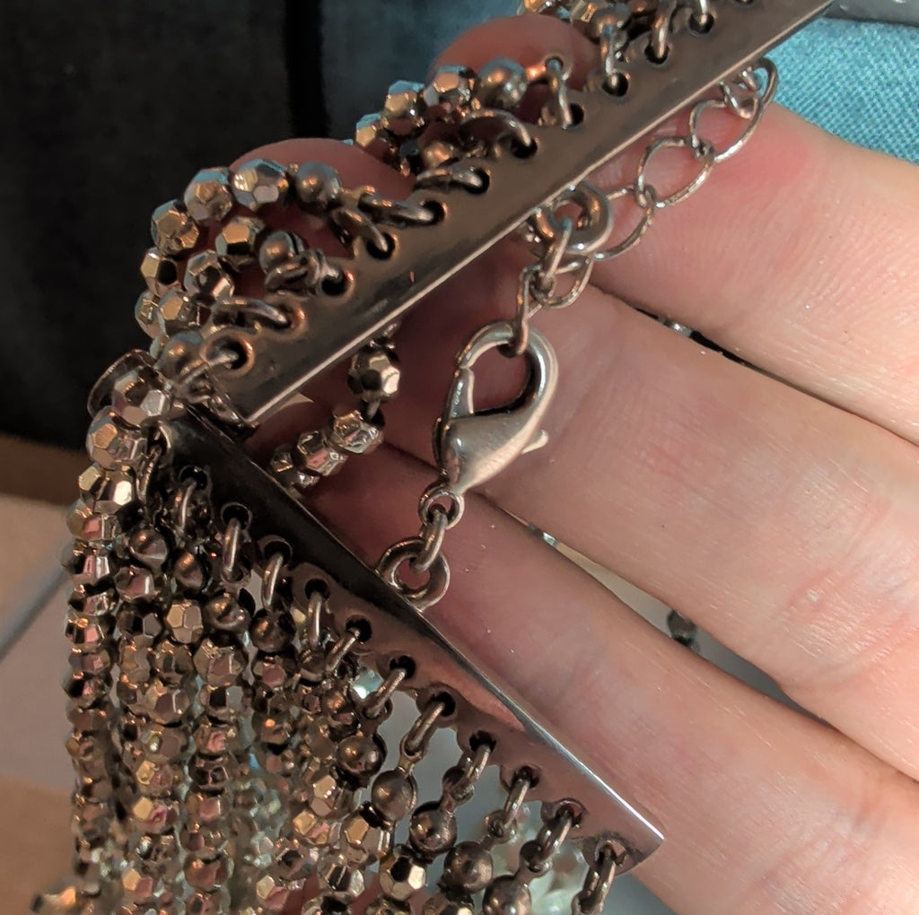 Multi Strand Silver Tone Beaded Statement Necklace Glam