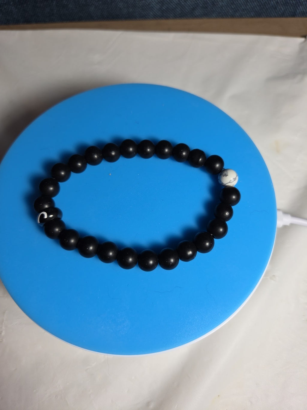 Natural Stone Bead Stretch Bracelet Matte Black White Howlite