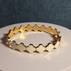 Hinged White Clover Bangle Bracelet Gold Tone Enamel