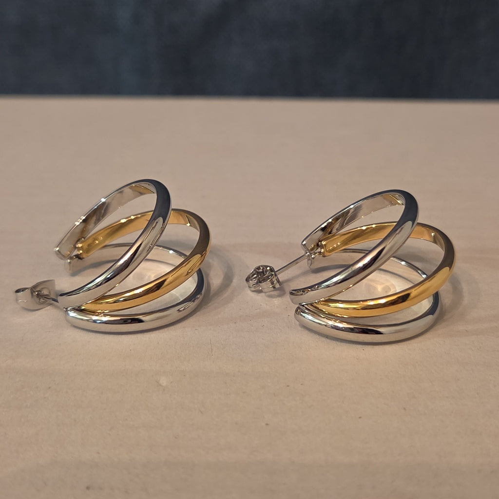 Triple Hoop Mixed Metal Gold Silver Tone Earrings Modern