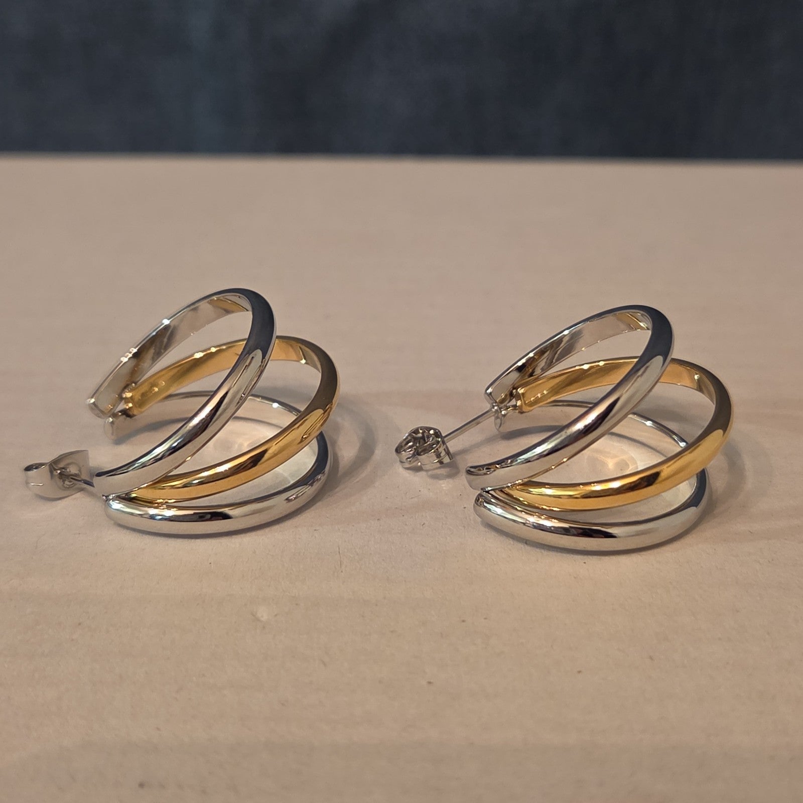 Triple Hoop Mixed Metal Gold Silver Tone Earrings Modern