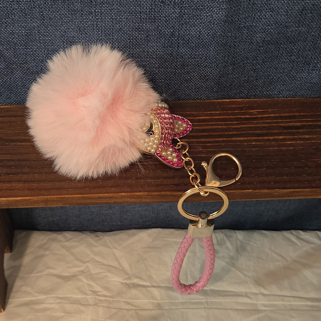 Pink Rhinestone Fox Pom Pom Keychain Charm Braided Strap