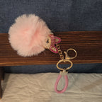 Pink Rhinestone Fox Pom Pom Keychain Charm Braided Strap