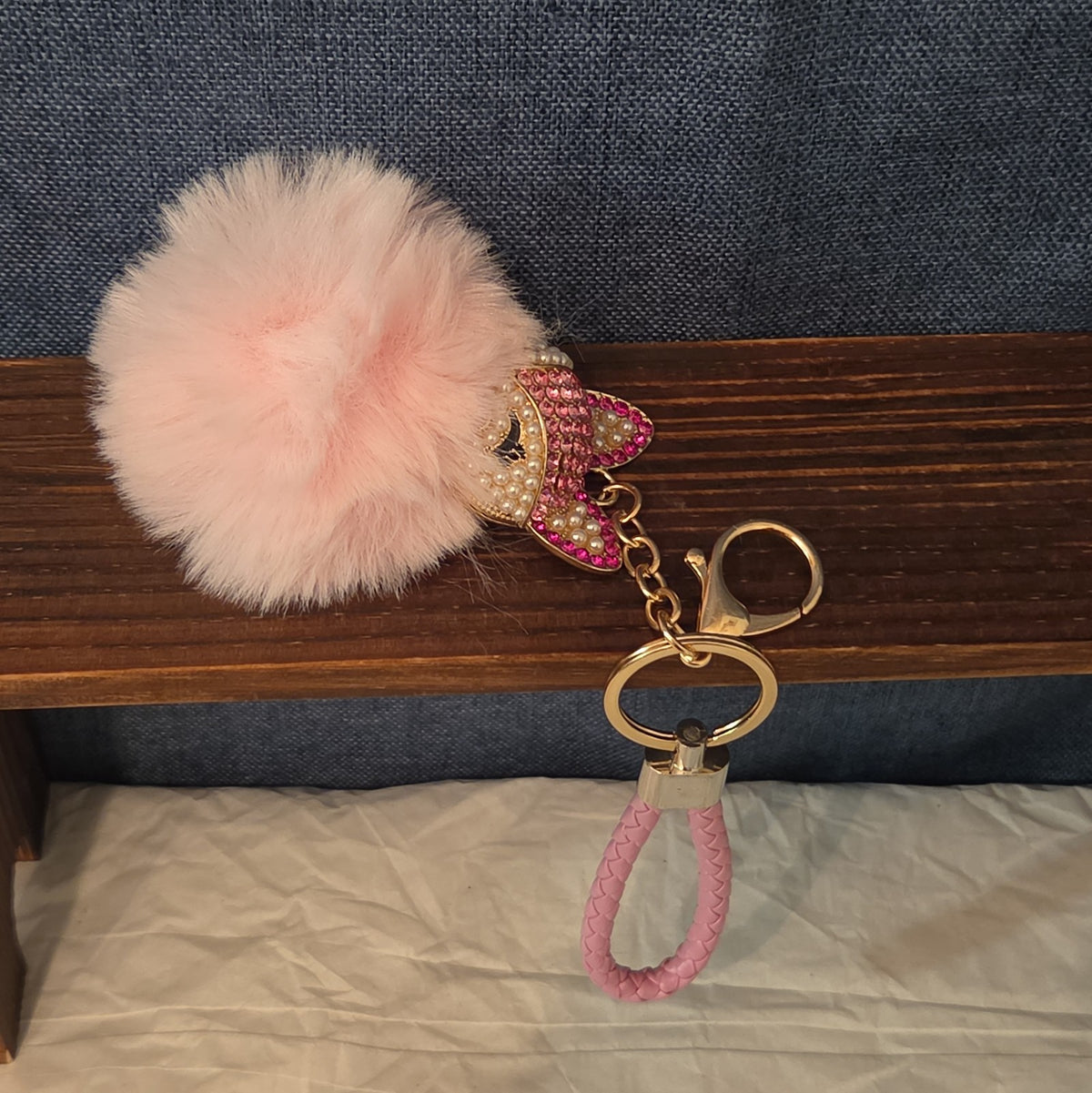 Pink Rhinestone Fox Pom Pom Keychain Charm Braided Strap