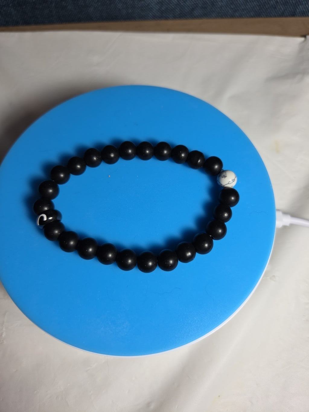 Natural Stone Bead Stretch Bracelet Matte Black White Howlite