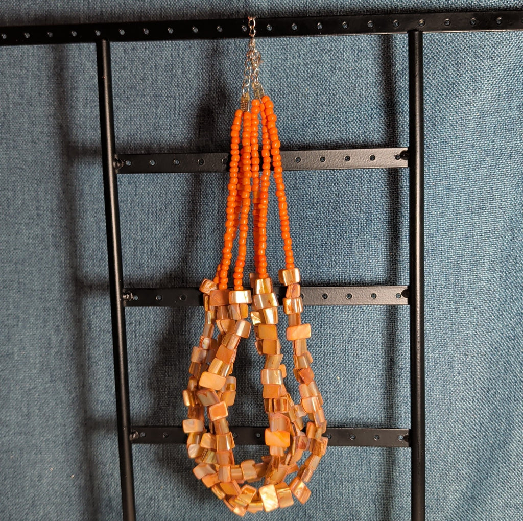 Multi Strand Orange Shell Bead Necklace 23" Boho Beach