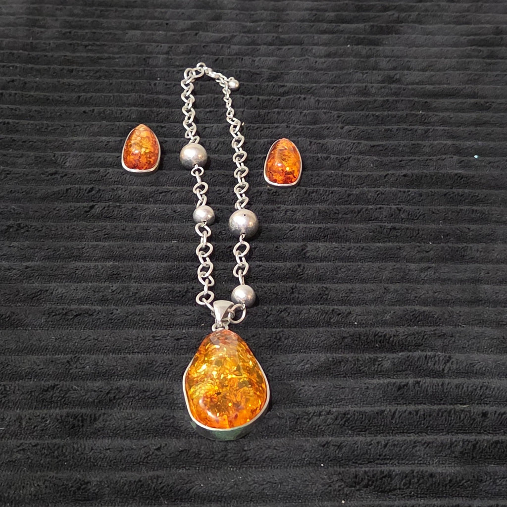 Vintage Faux Amber Necklace Clip On Earrings Set Silver Tone Teardrop Shimmer