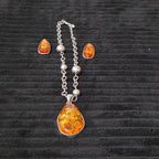 Vintage Faux Amber Necklace Clip On Earrings Set Silver Tone Teardrop Shimmer