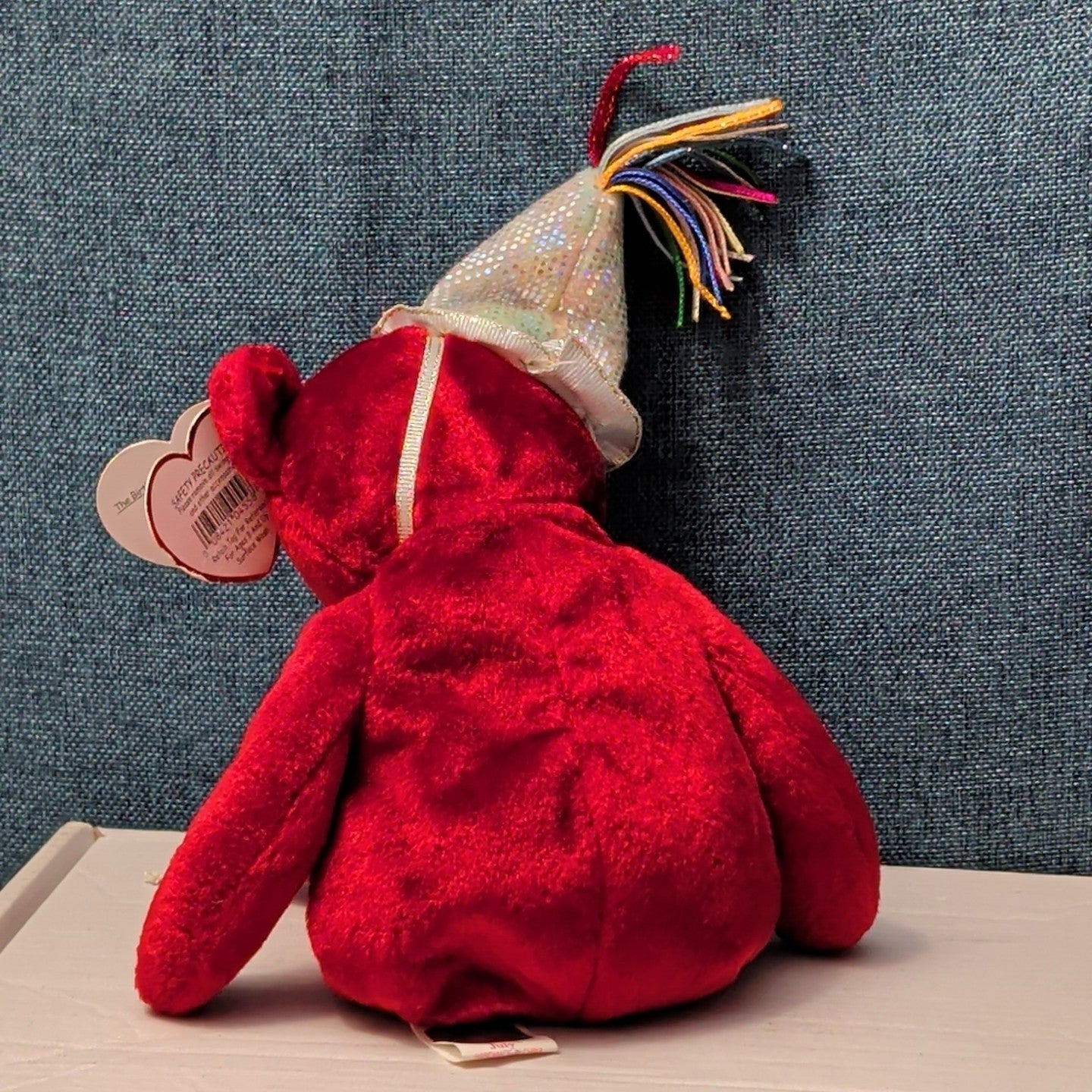 ​Ty Beanie Baby JULY Birthday Bear 2002 Red Teddy Silver Party Hat with Tag
