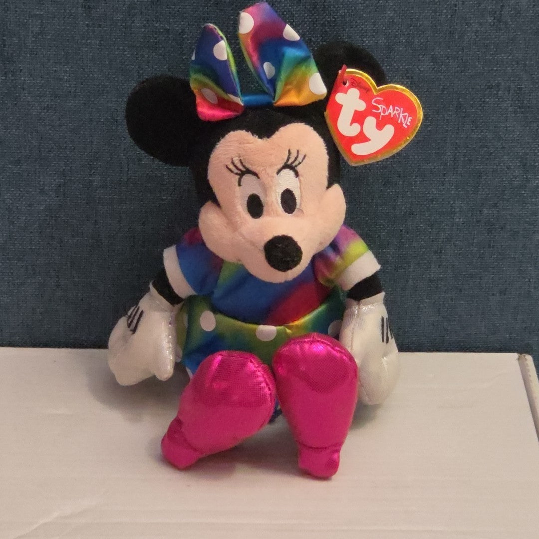 Ty Disney Beanie Baby Minnie Mouse Sparkle Rainbow Dress Metallic Pink Shoes