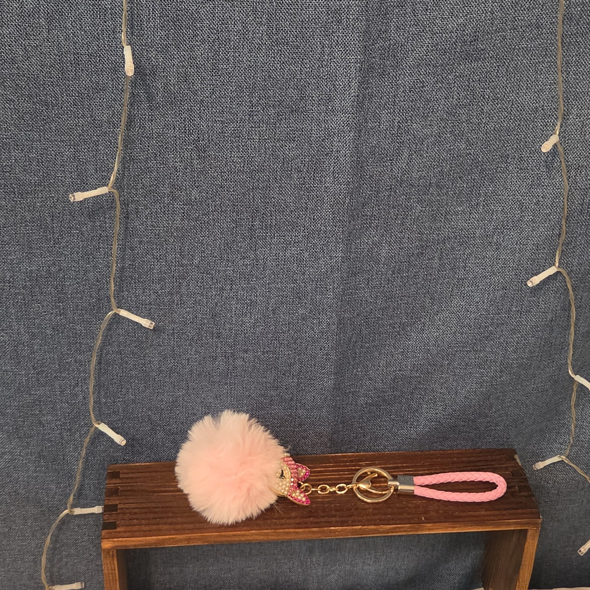 Pink Rhinestone Fox Pom Pom Keychain Charm Braided Strap