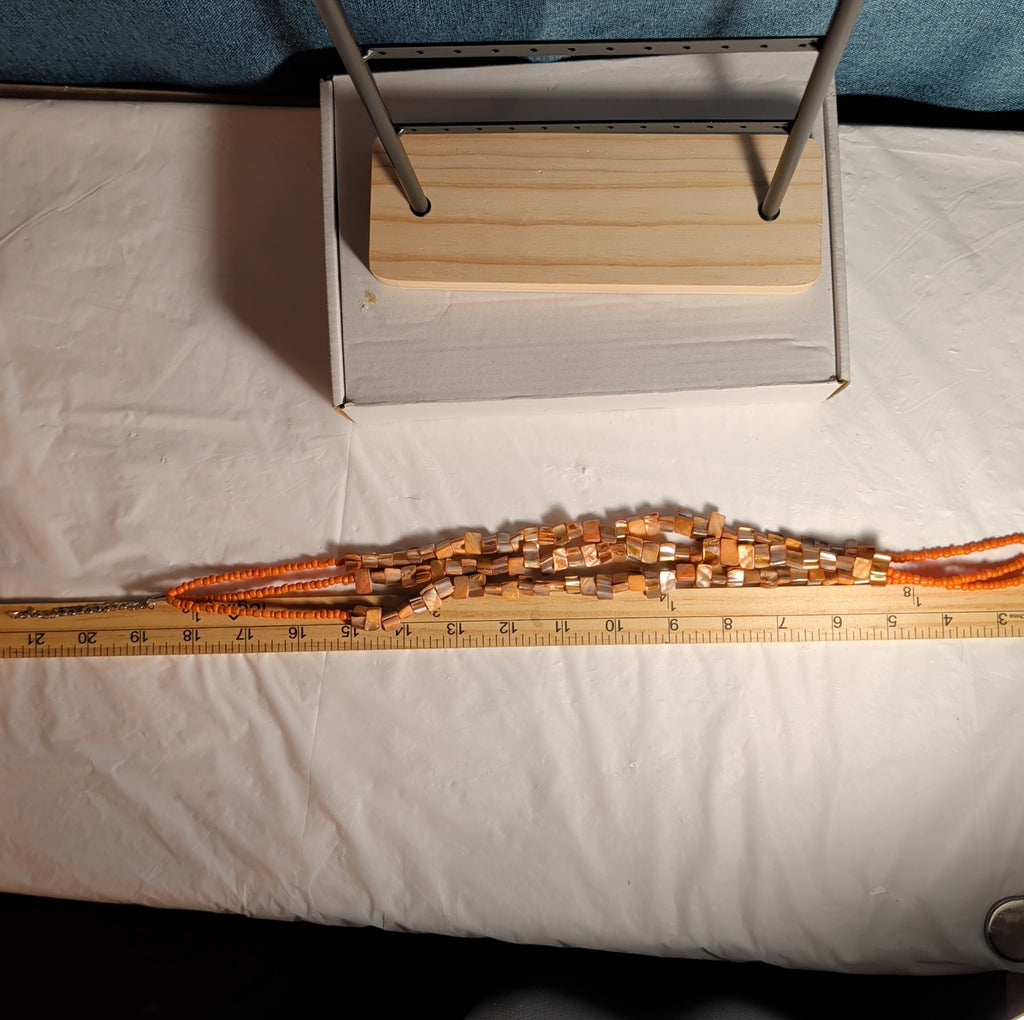Multi Strand Orange Shell Bead Necklace 23" Boho Beach
