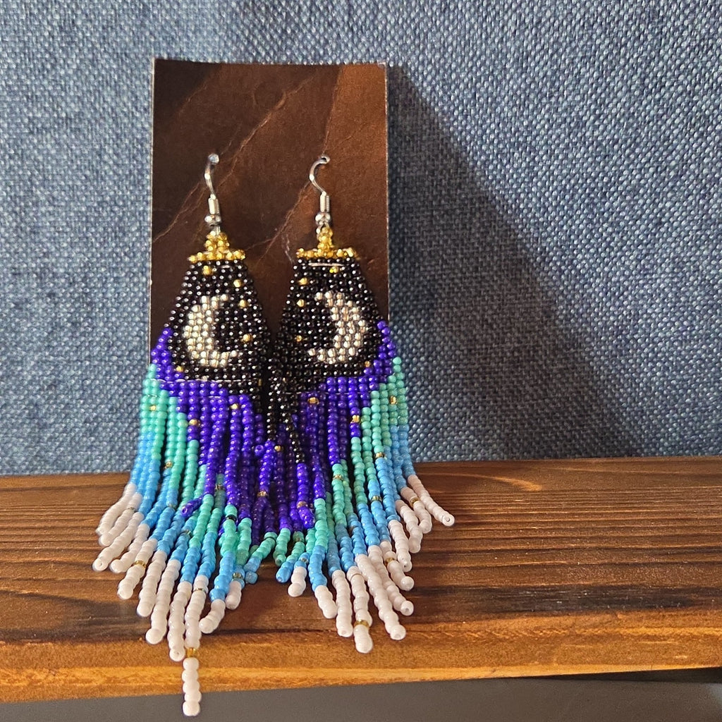 Boho Celestial Moon Seed Bead Fringe Dangle Earrings