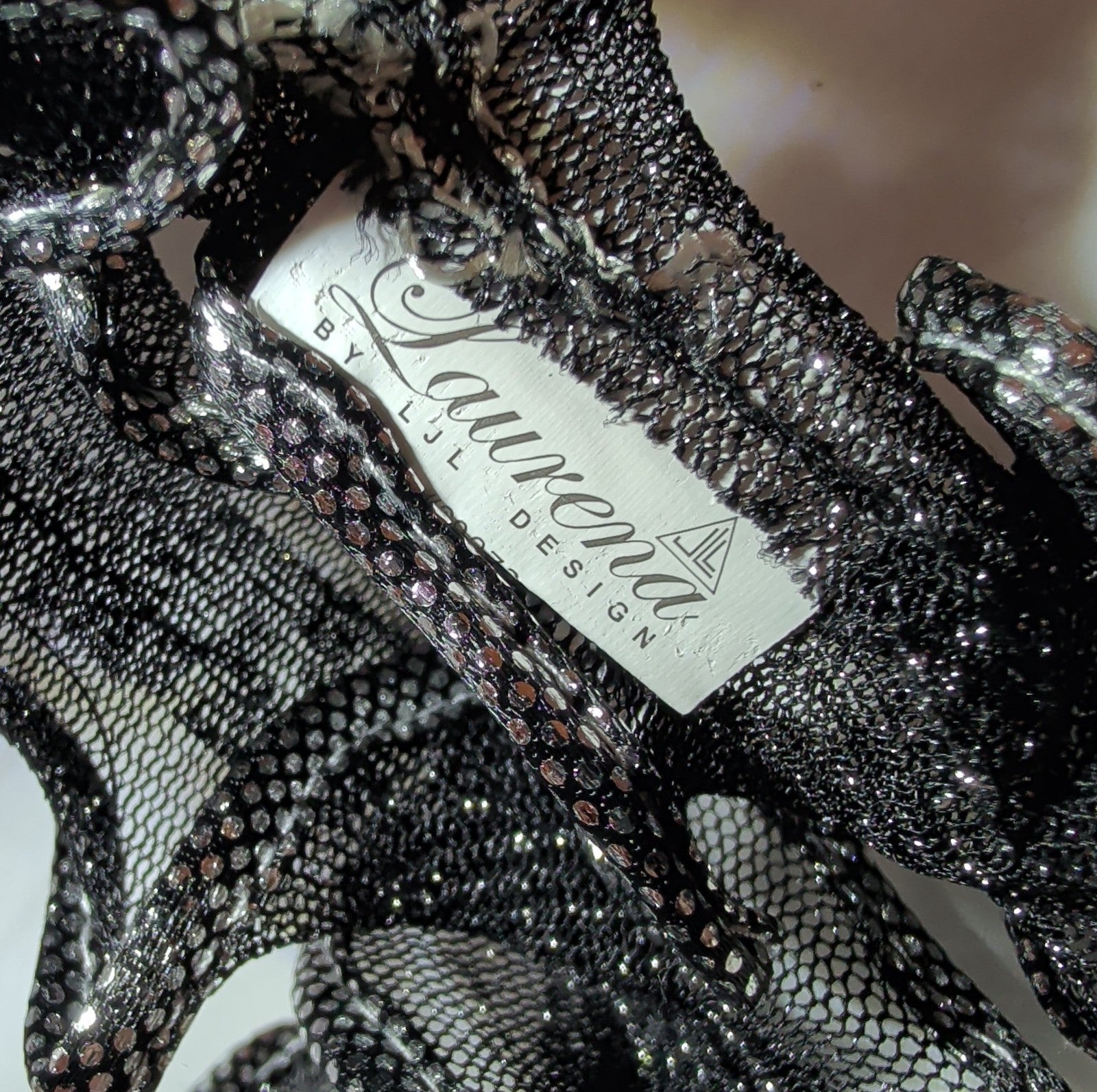 Laurena by LJL Metallic Lace Scarf Wrap Silver Black Ruffled Boho NWT 63x23