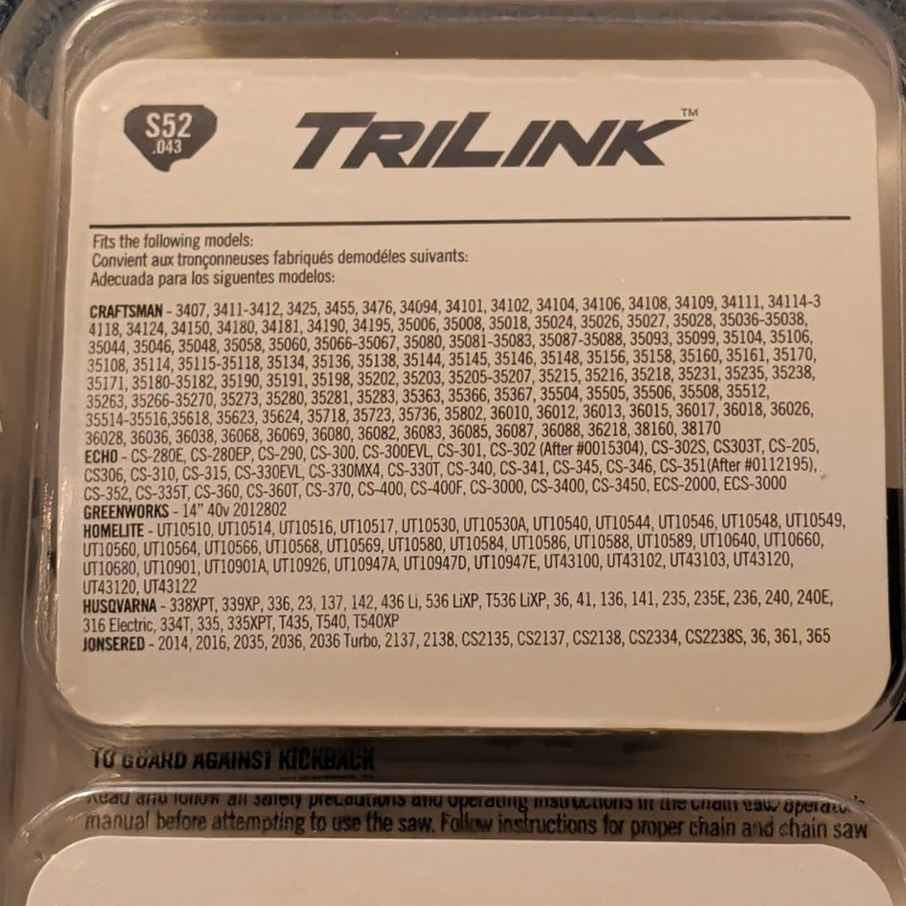 TriLink 14 Inch Chainsaw Chain 2 Pack S52 .043 52 Drive Links Husqvarna Poulan