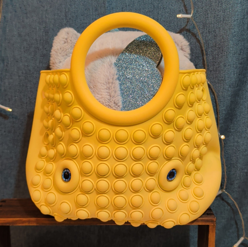 Large Yellow Pop Fidget Toy Silicone Handbag Tote Blue Eyes Kidcore