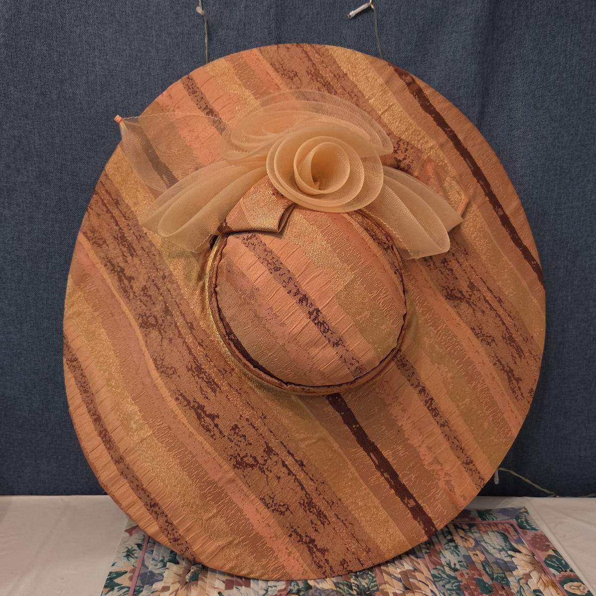 Ashro Wide Brim Derby Hat Peach Striped Mesh Flower