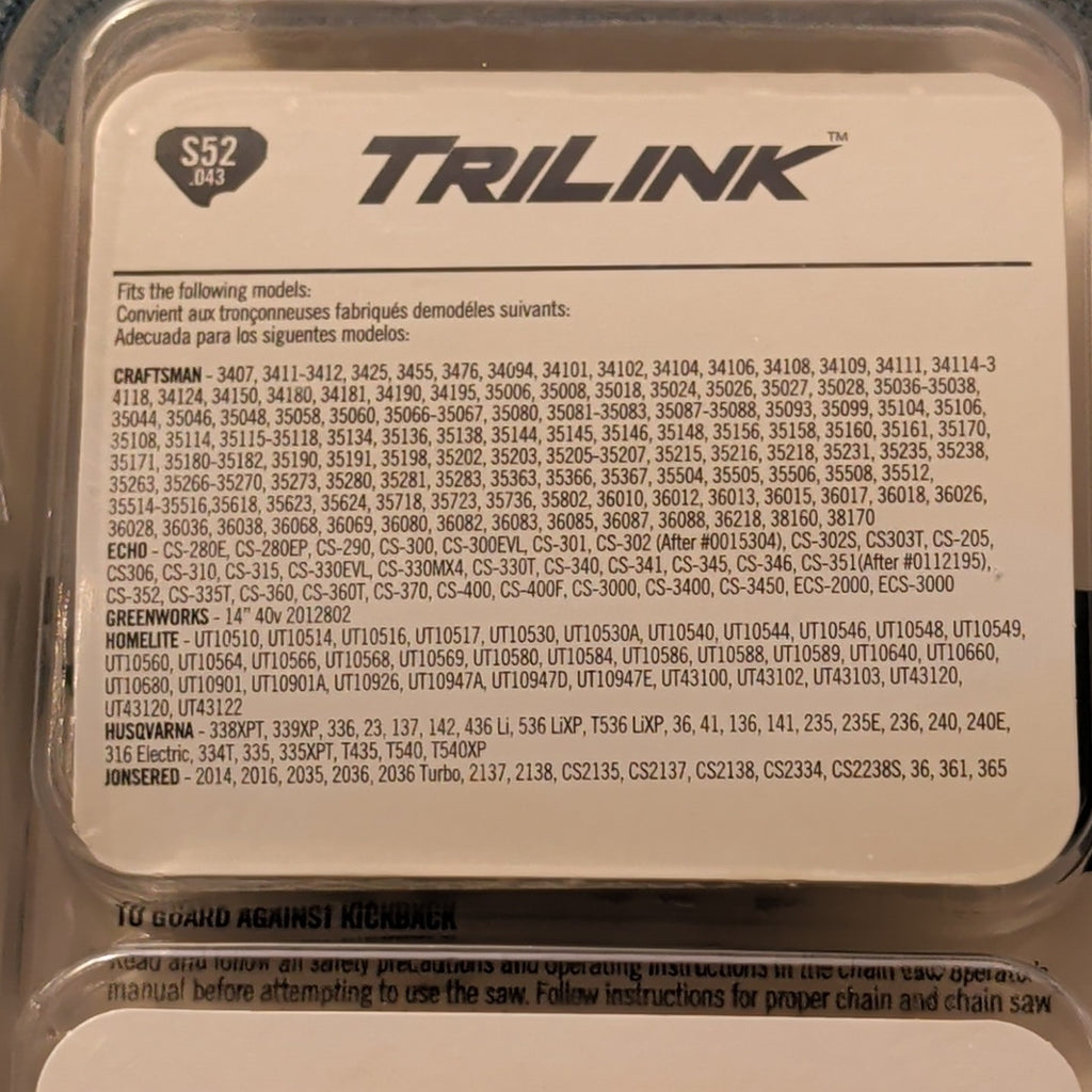 TriLink 14 Inch Chainsaw Chain 2 Pack S52 .043 52 Drive Links Husqvarna Poulan