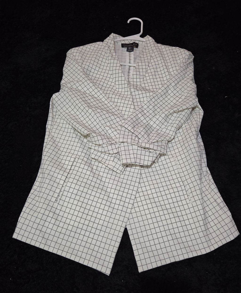 Rachel Zoe Open Front Blazer Women's S White Black Check 3/4 Sleeve Ruche Size L