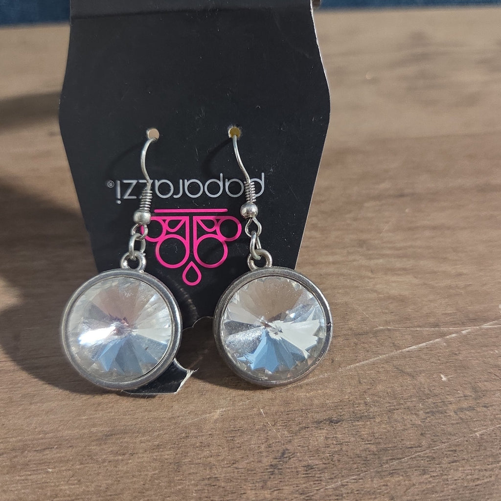 Paparazzi Rhinestone Drop Earrings Silver Sunburst Reverse Vintage