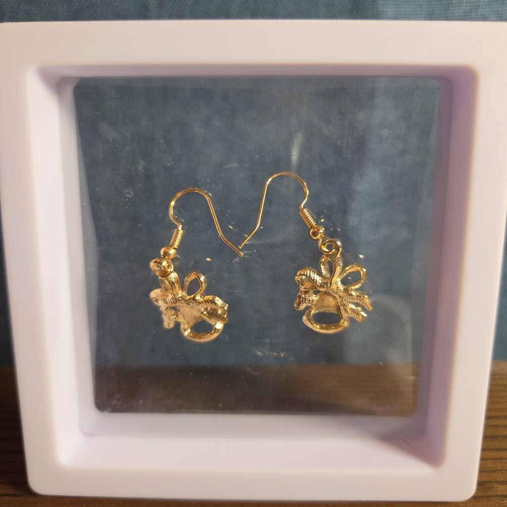 Gold Christmas Bells Drop Earrings 3/4" Red Enamel