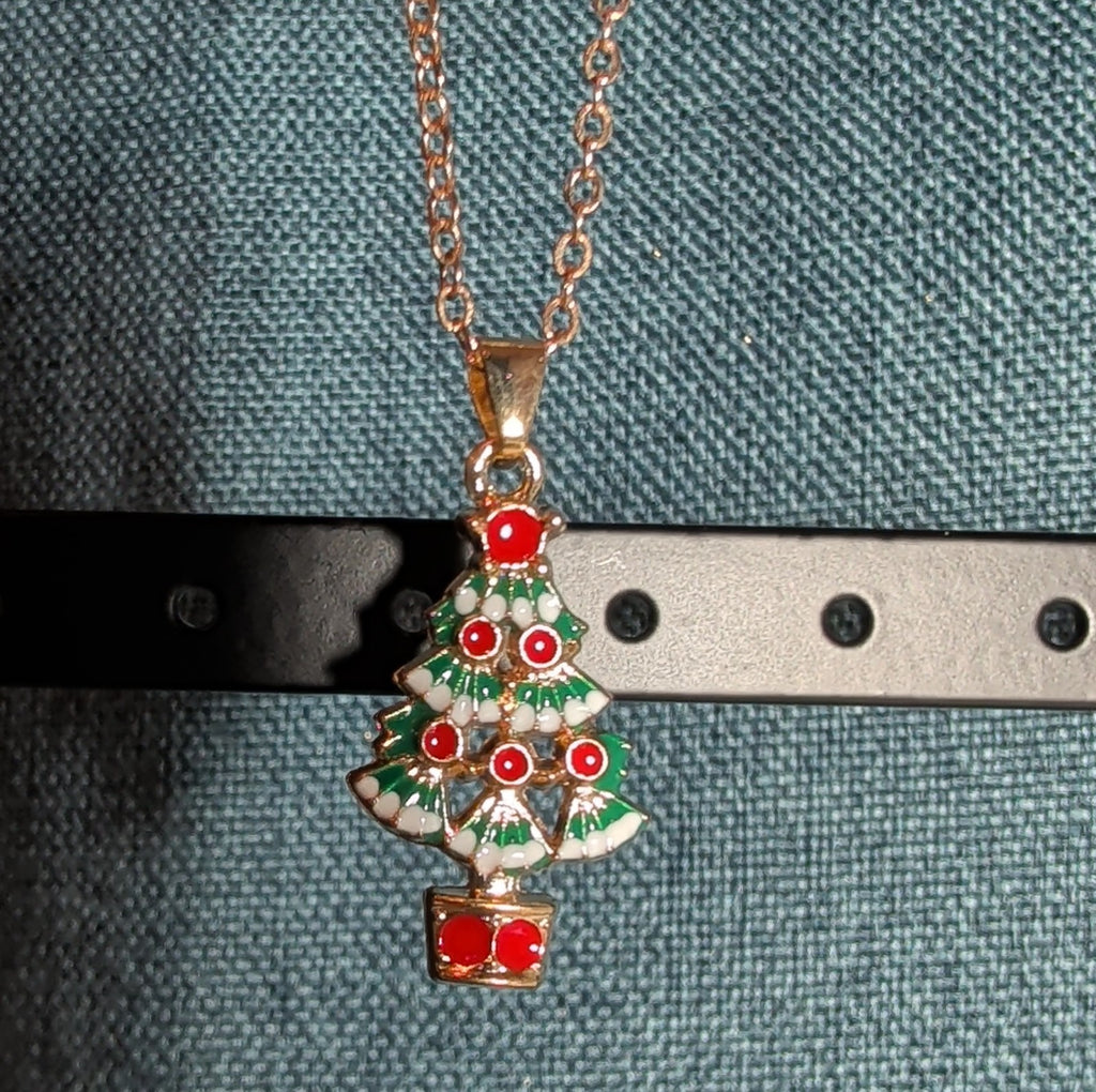 Christmas Tree Necklace Earring Set Gold Tone Enamel Holiday