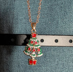 Christmas Tree Necklace Earring Set Gold Tone Enamel Holiday